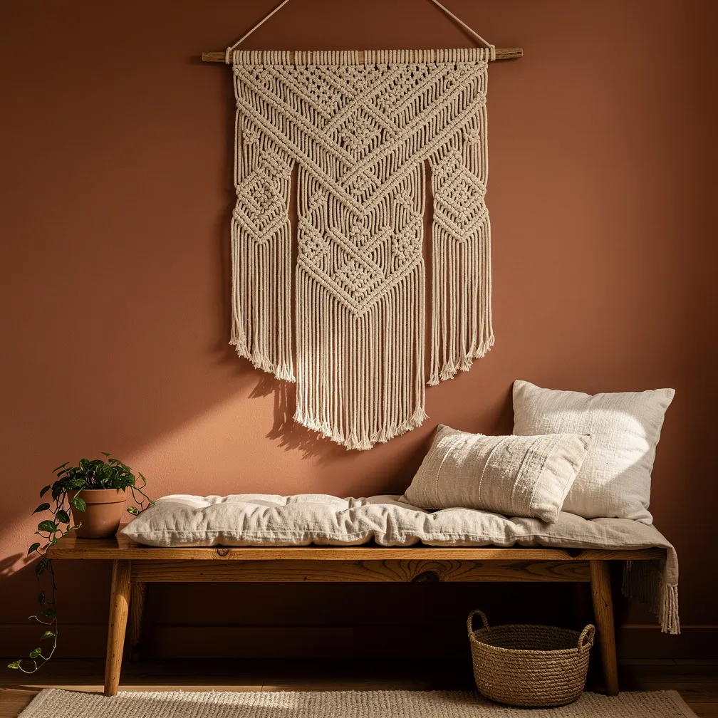 Grande suspension macramé en coton crème avec noeuds géométriques et franges au-dessus d un banc en bois dans un salon bohème