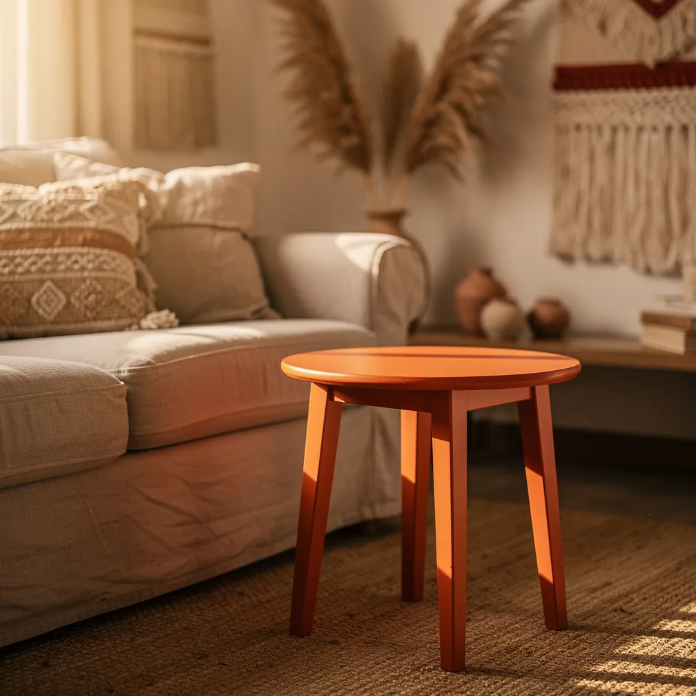 Petite table ronde en bois peinte en terracotta orange a cote d un canape en lin, salon boheme avec herbes de la pampa
