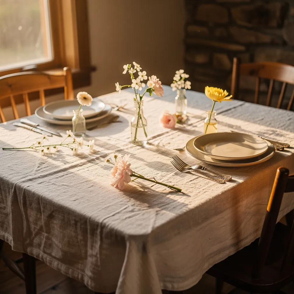 Table dressée avec nappe en lin écru légèrement froissé, assiettes en céramique et fleurs printanières