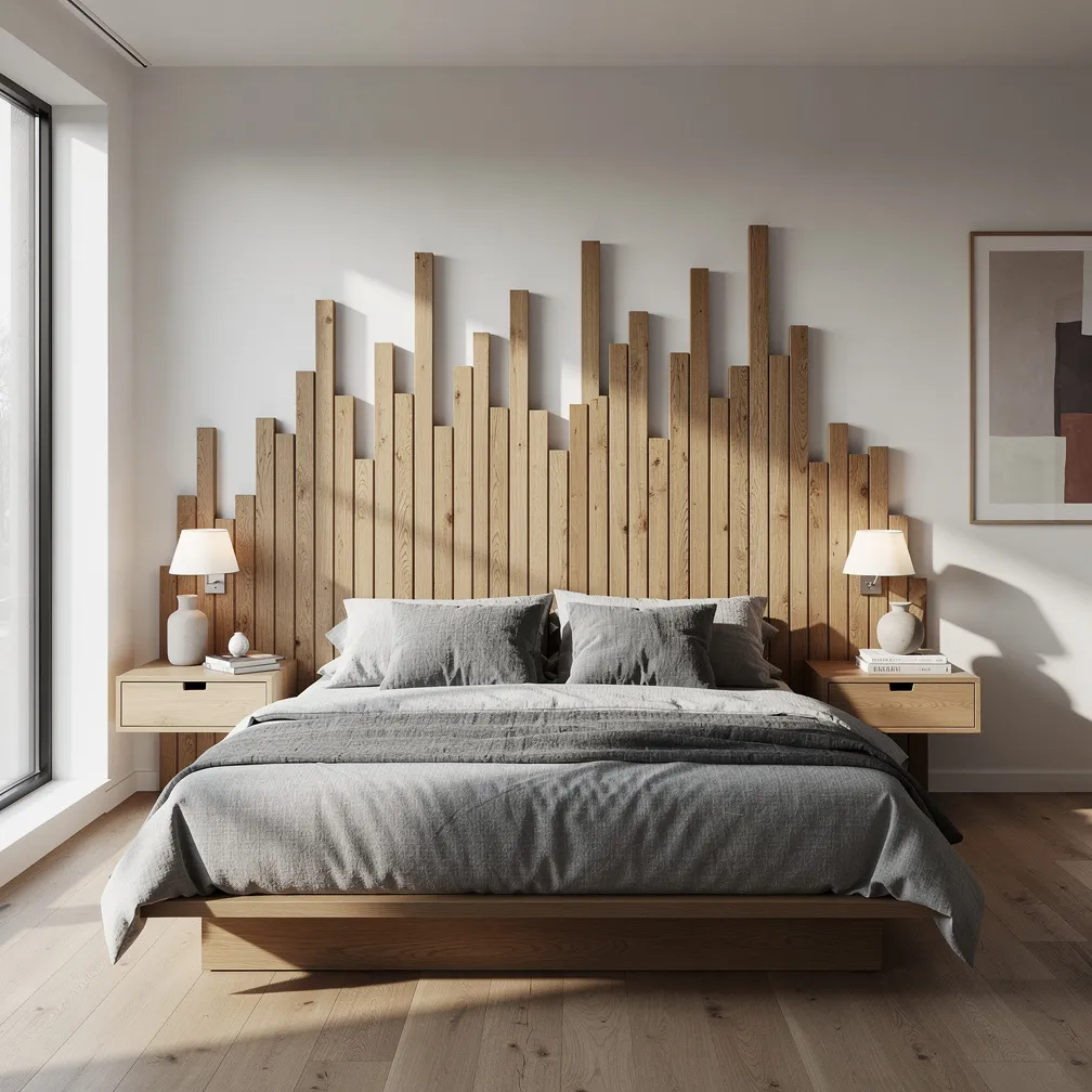 Tasseaux de chene verticaux formant une tete de lit naturelle dans une chambre moderne