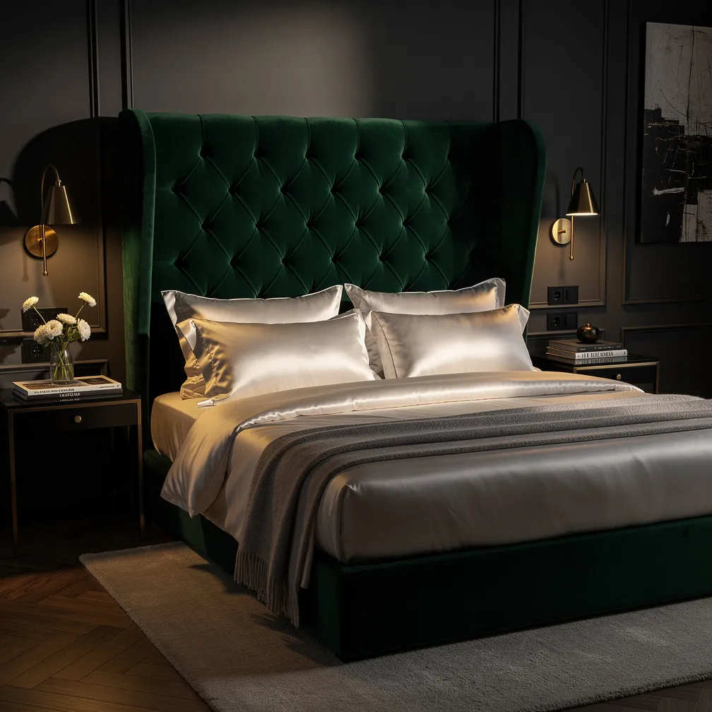 Tete de lit haute en velours vert capitonne avec boutons dans une chambre elegante