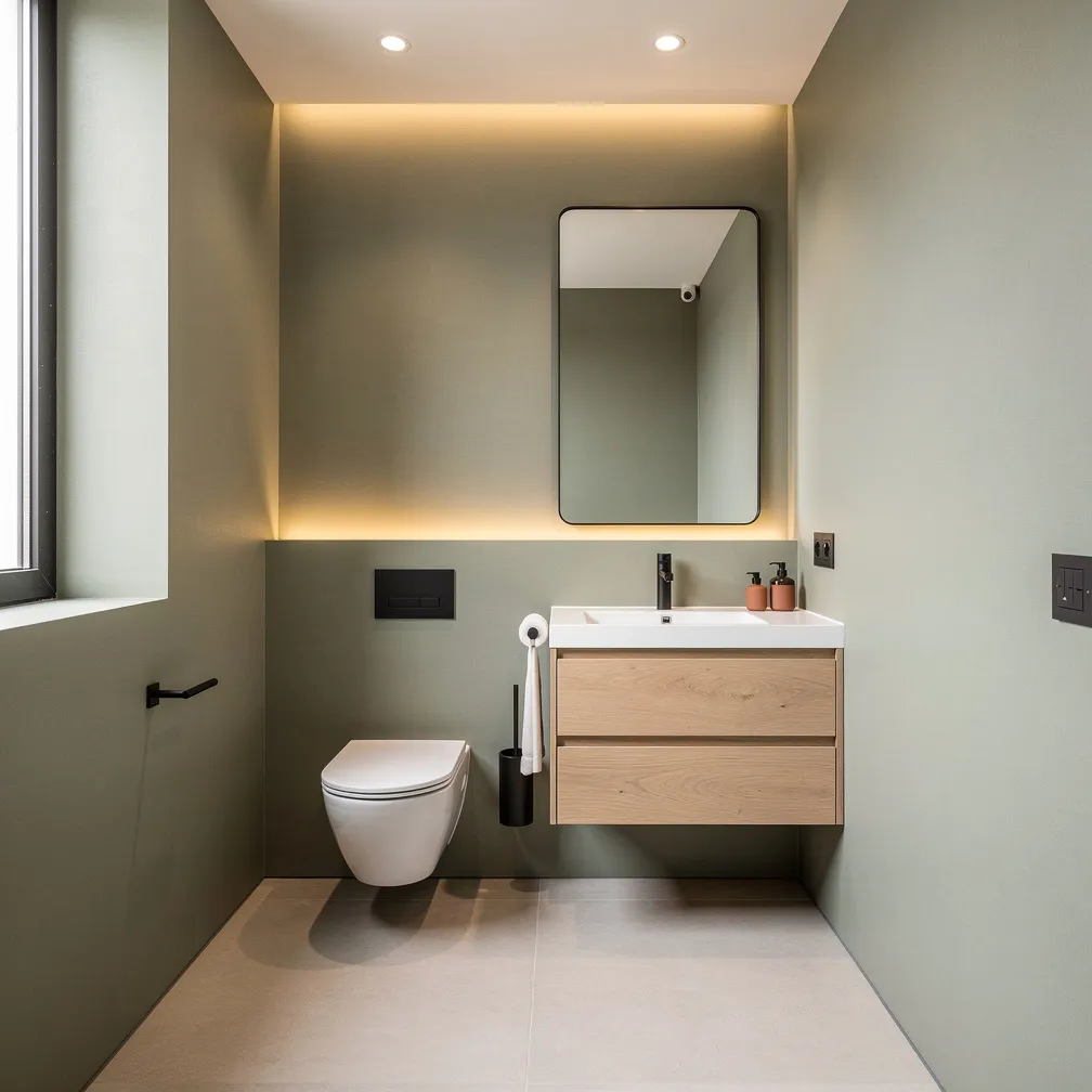 Toilettes modernes aux murs vert sauge avec accents terracotta et robinetterie noire mate