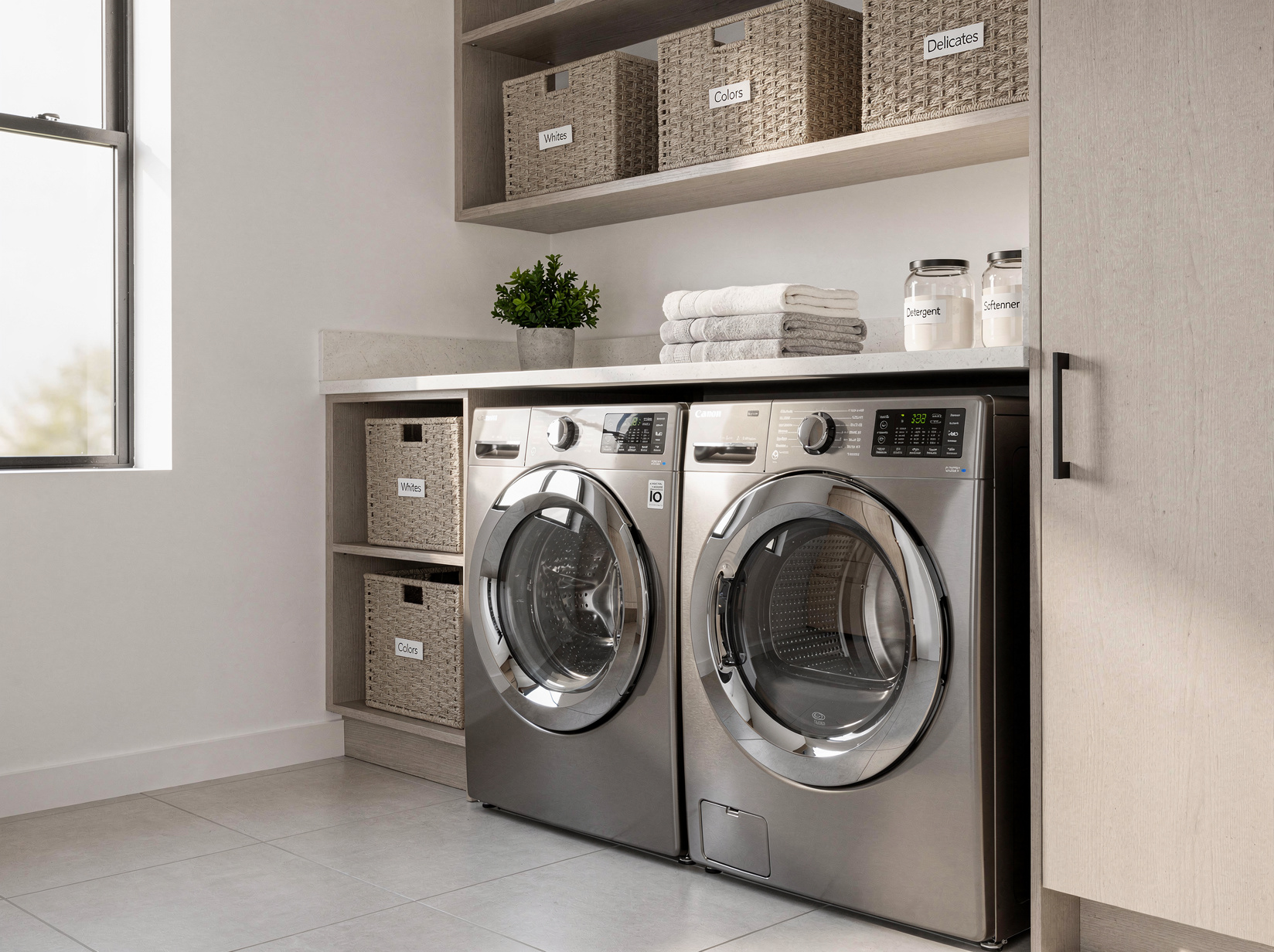 Buanderie moderne avec lave-linge et sèche-linge côte à côte
