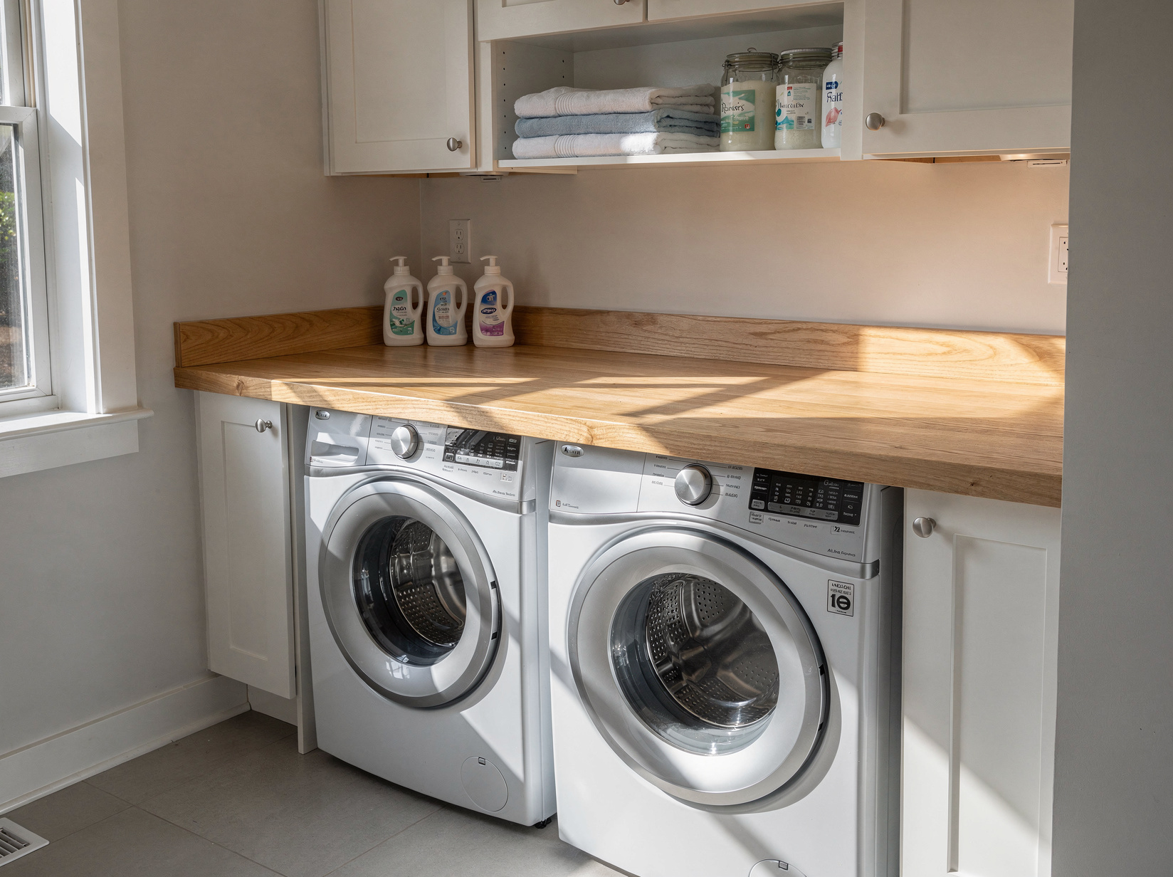 Plan de travail en bois posé au-dessus du lave-linge et sèche-linge