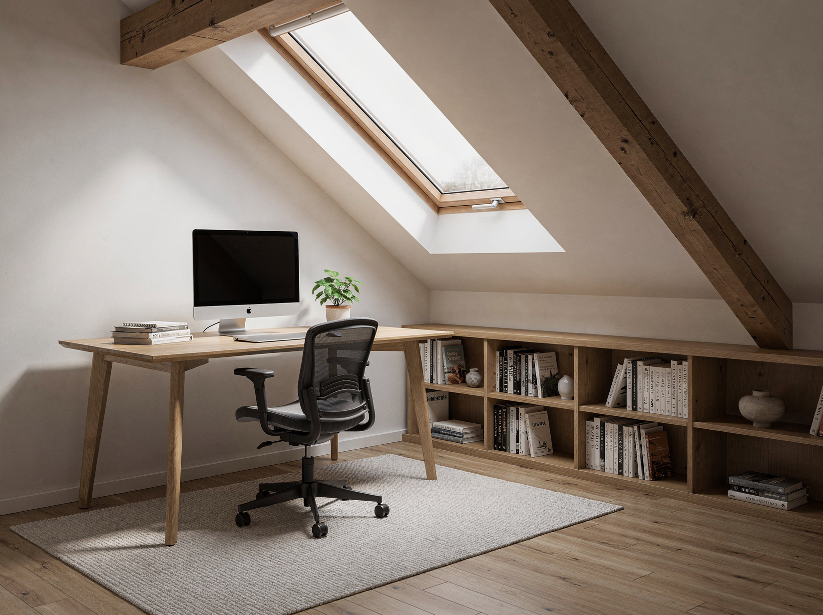 Bureau en bois sous une pente avec lucarne
