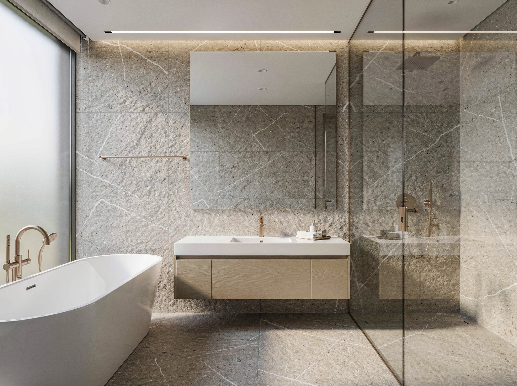 Carrelage texturé imitant la pierre naturelle dans une salle de bain