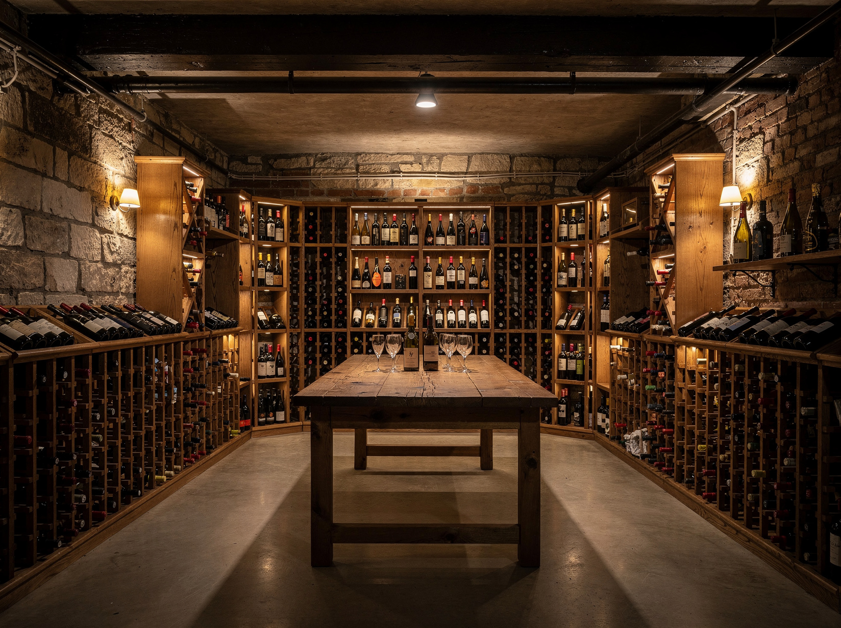Cave aménagée en cave à vin avec bouteilles sur casiers bois