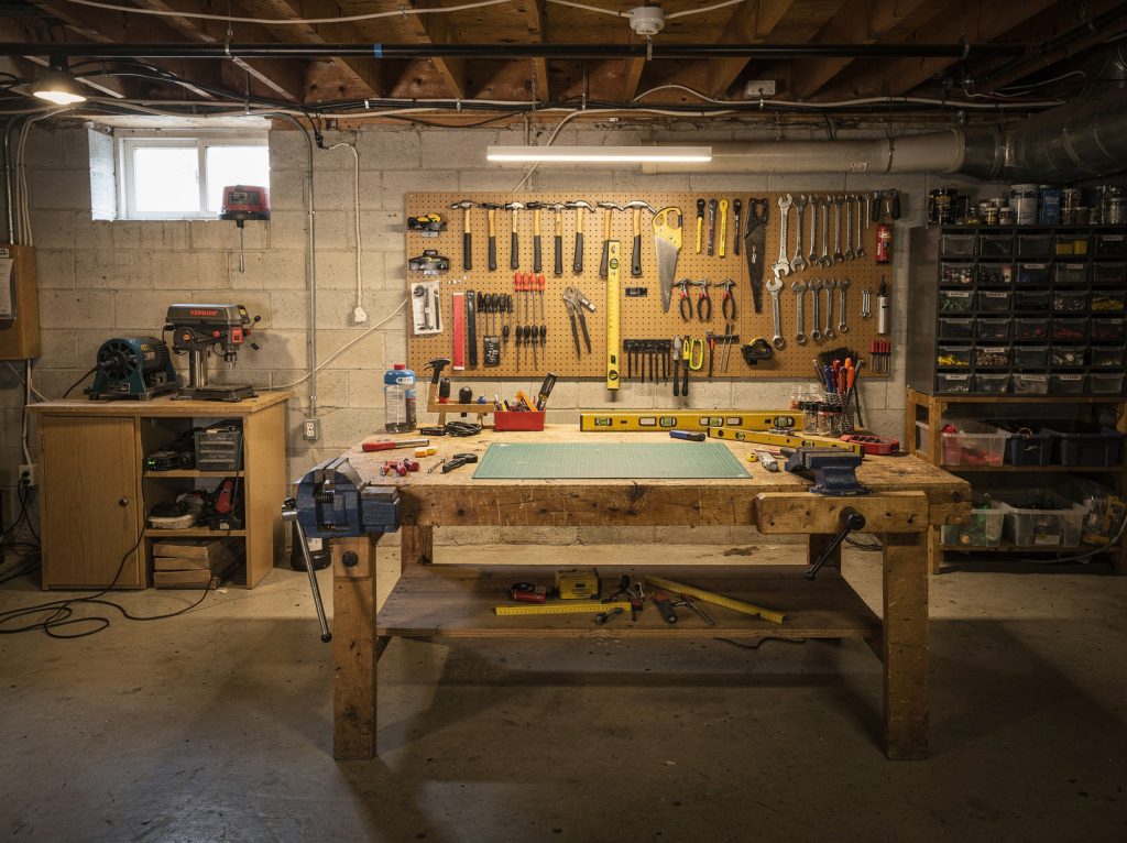Cave aménagée en atelier avec établi et mur d'outils