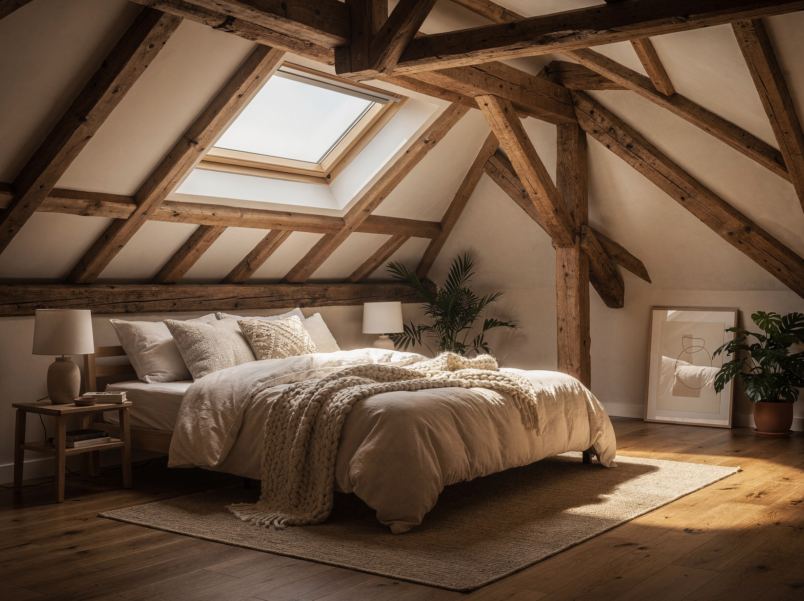 Chambre sous combles avec poutres et lucarne