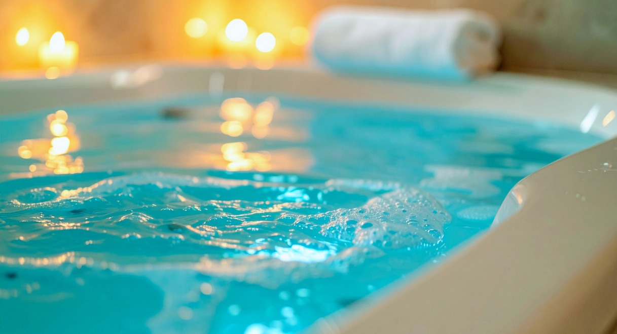 Coin spa exterieur cosy avec bougies allumees au bord d'un bain a remous