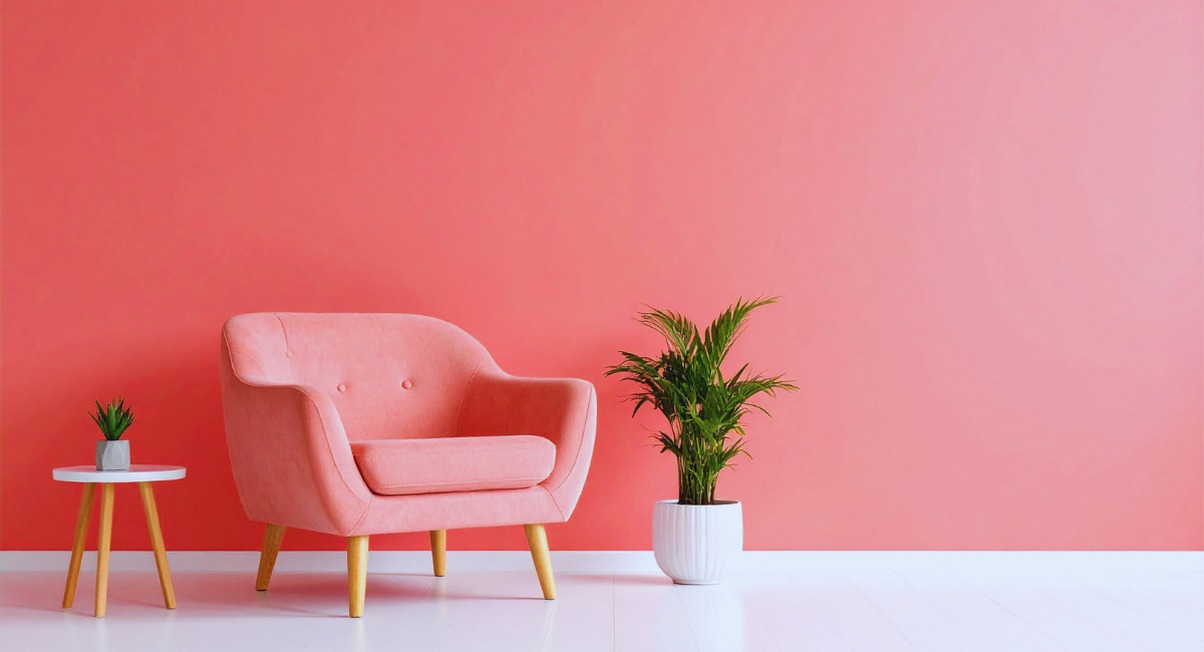 Salon moderne avec un mur et un fauteuil couleur saumon et une plante verte