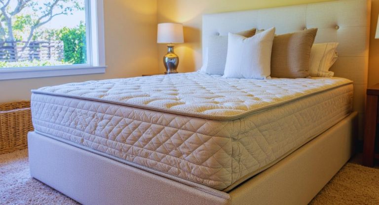 Matelas blanc sur lit avec tête de lit capitonnée et oreillers