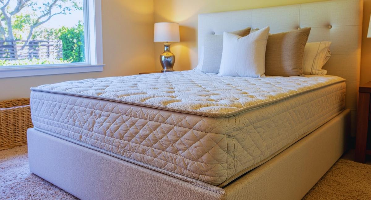 Matelas blanc sur lit avec tête de lit capitonnée et oreillers