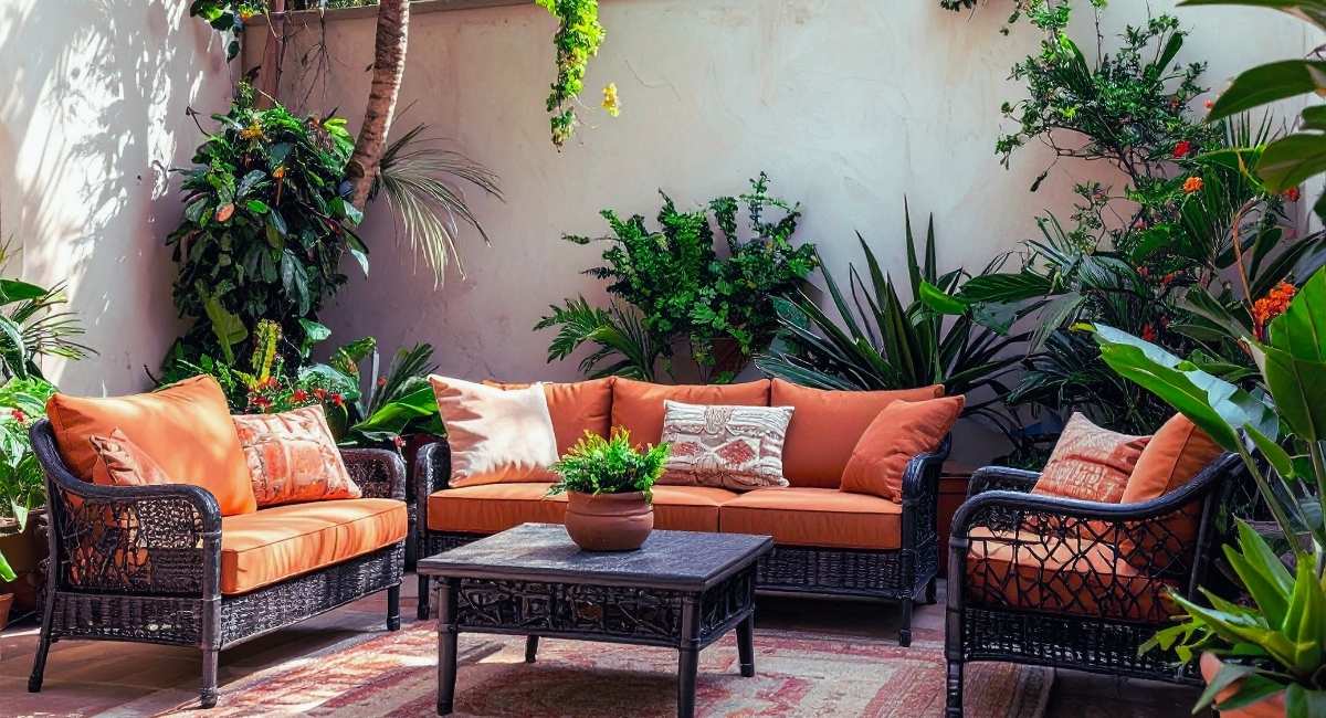 Mobilier d'extérieur installé dans une cour-jardin urbaine ombragée