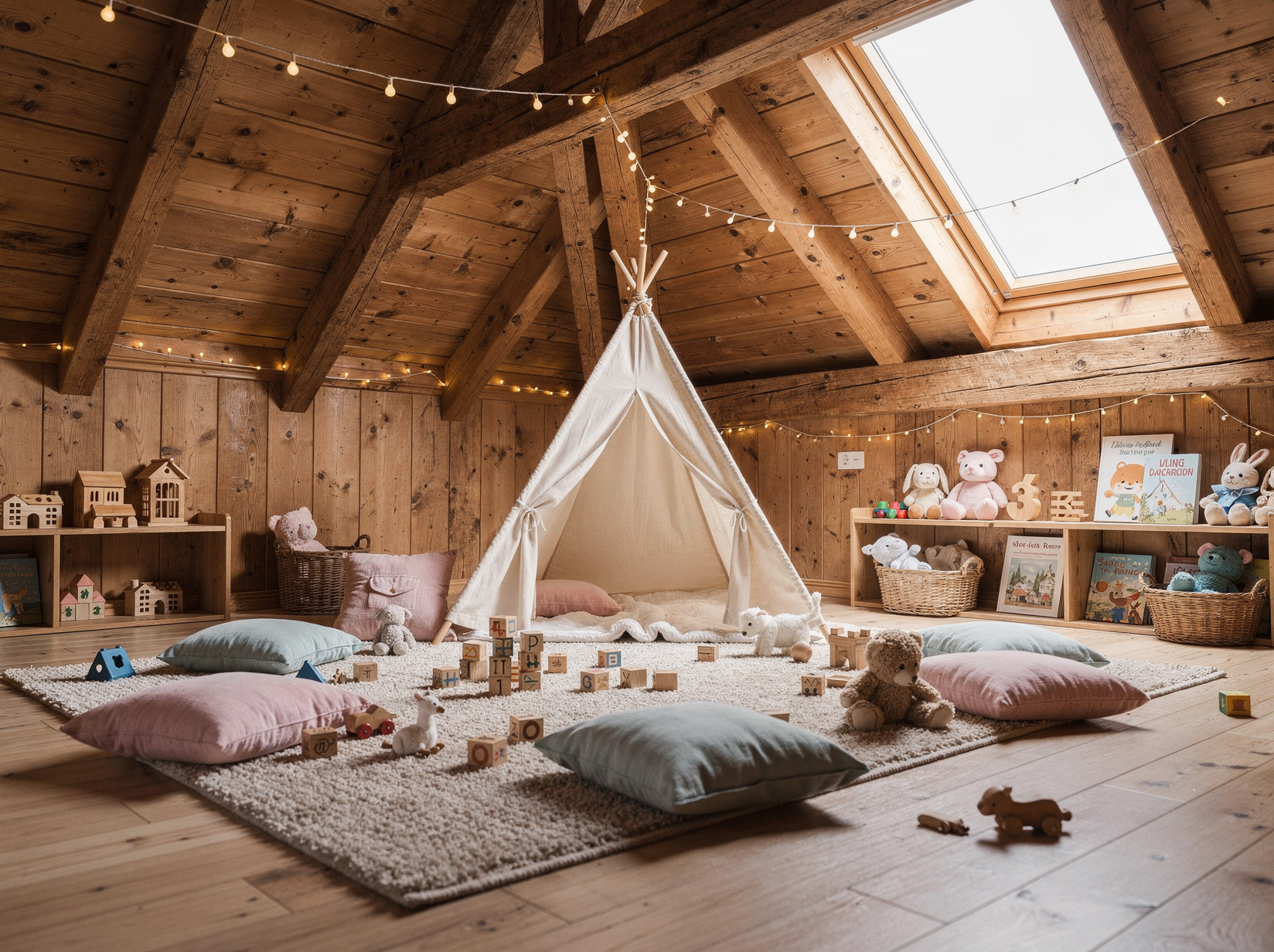 Chambre d'enfant sous pente avec tente et coussins