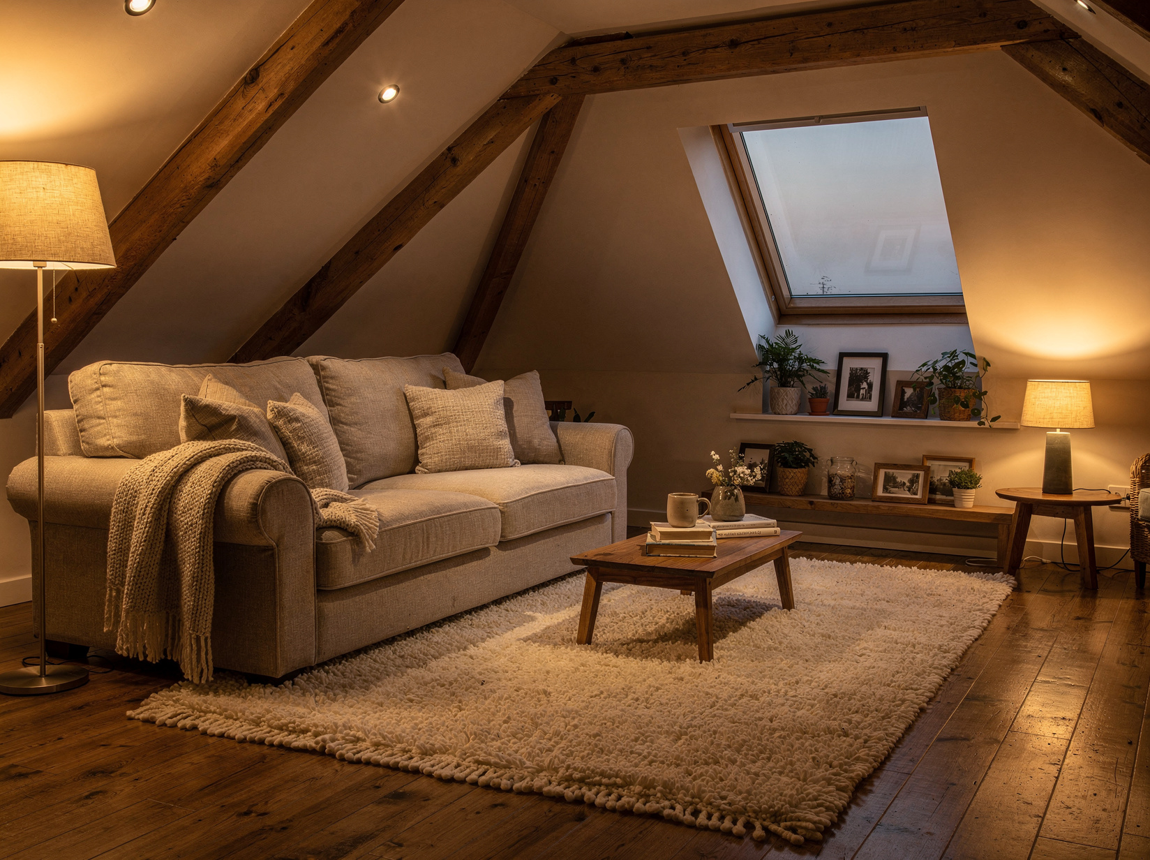 Salon cosy sous les toits avec canapé et tapis