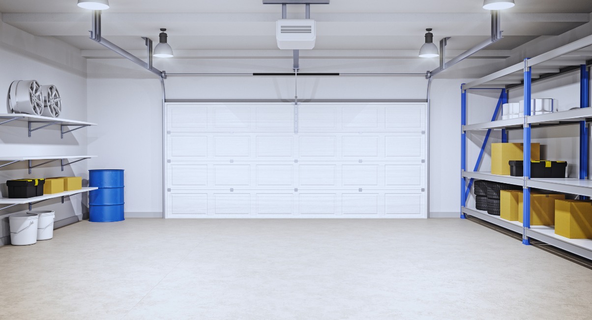 Garage moderne au sol clair pret pour la pose de dalles clipsables