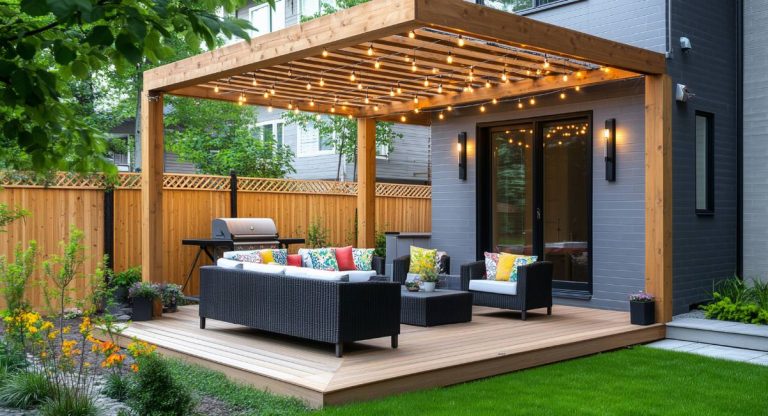Terrasse en bois aménagée avec pergola, guirlandes lumineuses et salon de jardin dans un jardin verdoyant