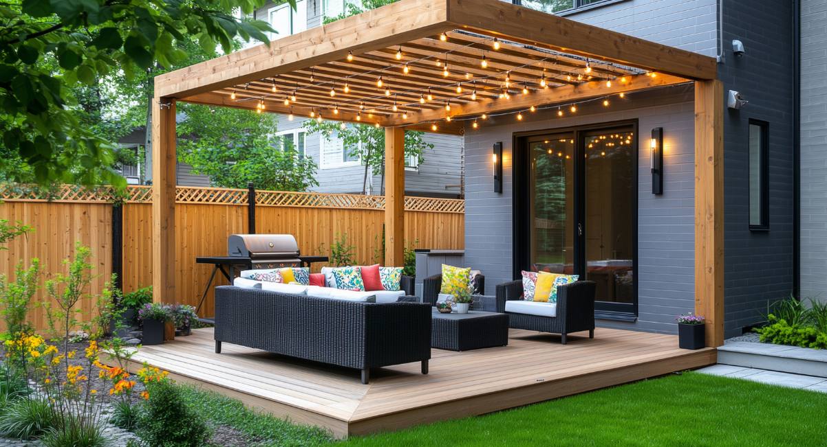 Terrasse en bois aménagée avec pergola, guirlandes lumineuses et salon de jardin dans un jardin verdoyant