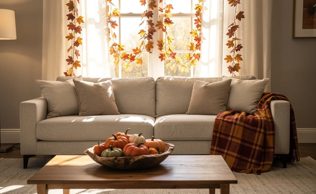 Salon chaleureux décoré pour l’automne avec un plaid à carreaux sur le canapé, une coupe en bois remplie de citrouilles et des guirlandes de feuilles autour d’une fenêtre ensoleillée.