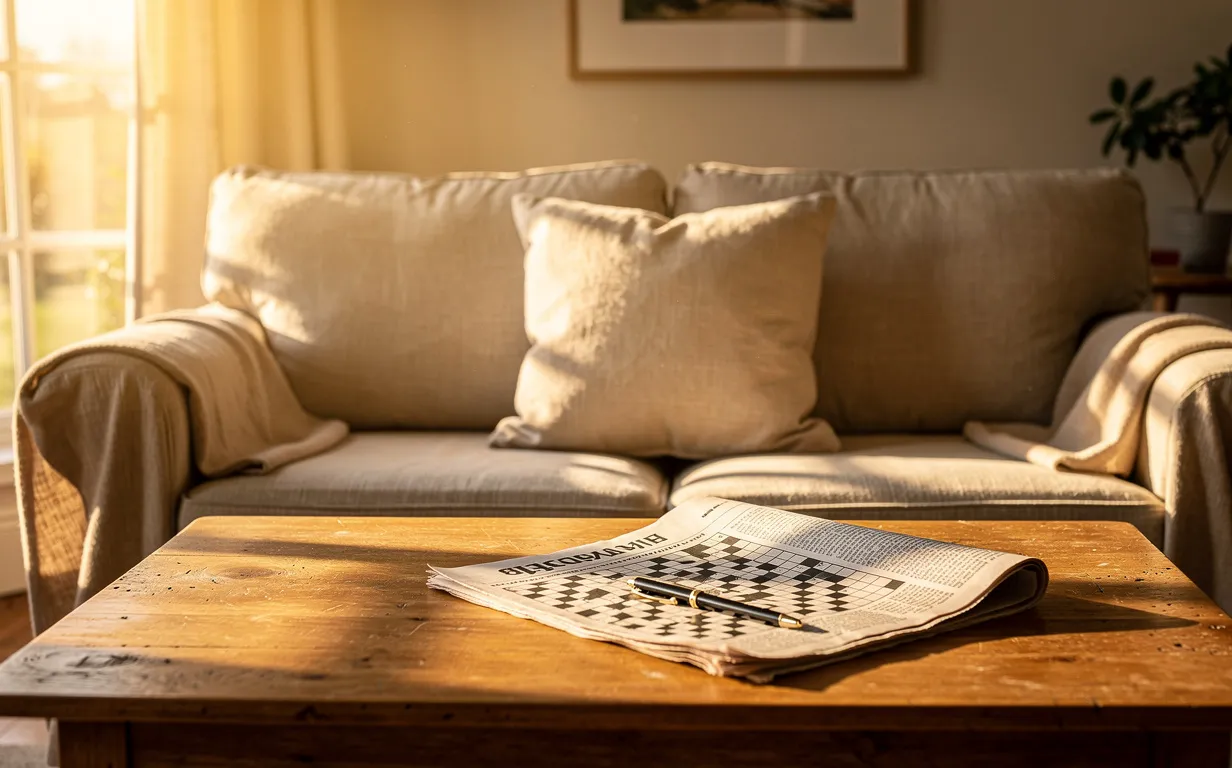 Un salon chaleureux avec un canapé élégant, un coussin moelleux au centre, un journal avec des mots croisés sur la table basse et la lumière du soleil entrant par la fenêtre.