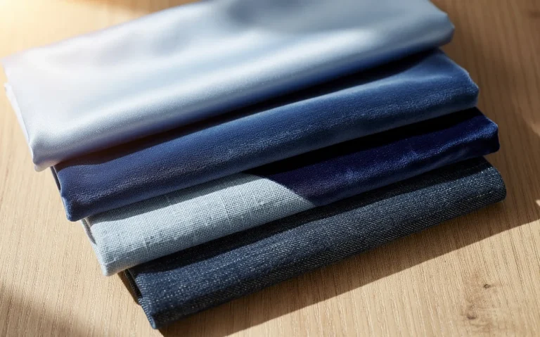 Des échantillons de tissus bleus aux textures variées sont soigneusement empilés sur une surface en bois éclairée par une lumière douce.