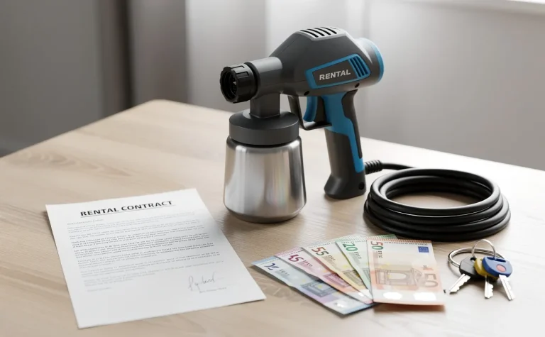 Un pulvérisateur de peinture moderne avec son contrat de location, des billets en euros et un trousseau de clés posés sur une table en bois éclairée par la lumière du jour.