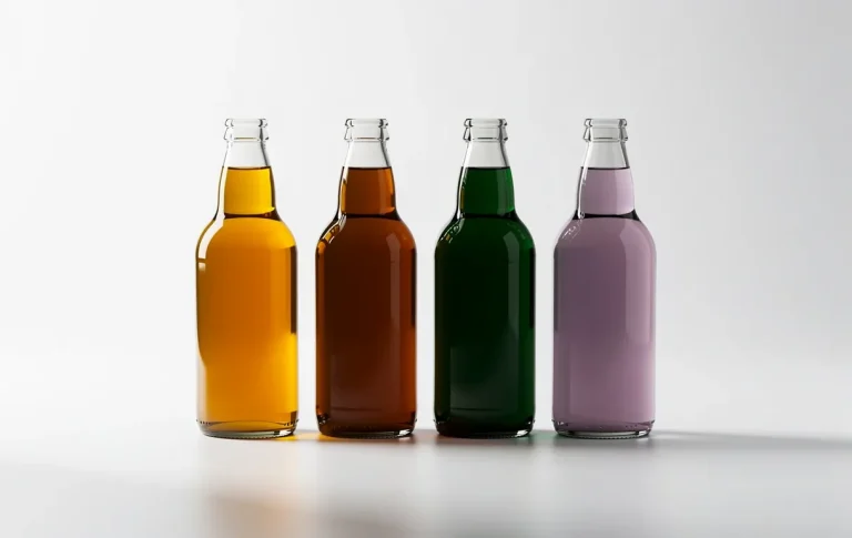 Quatre bouteilles en verre remplies de liquides colorés évoquant le miel, le noisetier, le houx et la bruyère sont alignées sur une surface blanche éclairée naturellement.