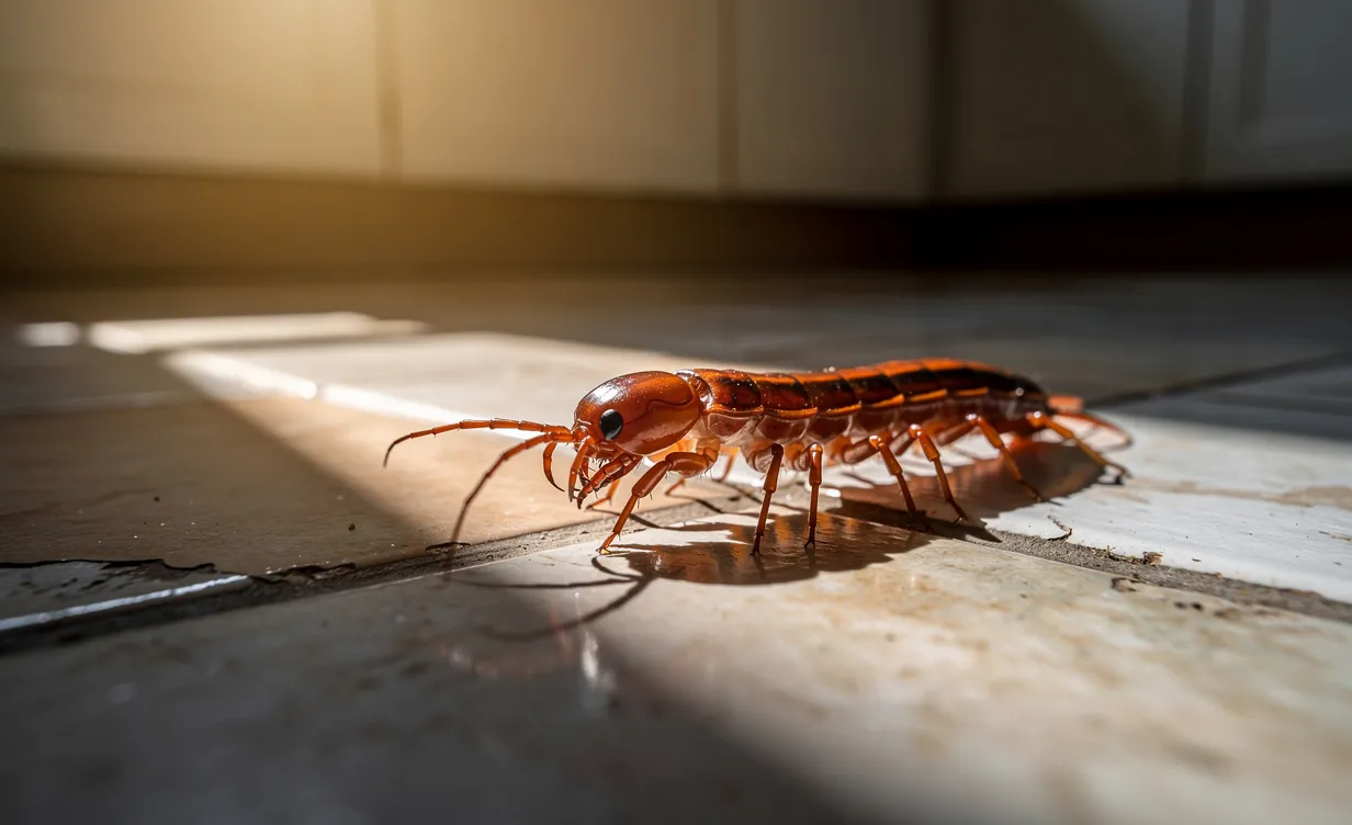 Un grand mille-pattes rampe sur le carrelage d’une cuisine éclairée par un rayon de soleil, projetant une ombre nette.