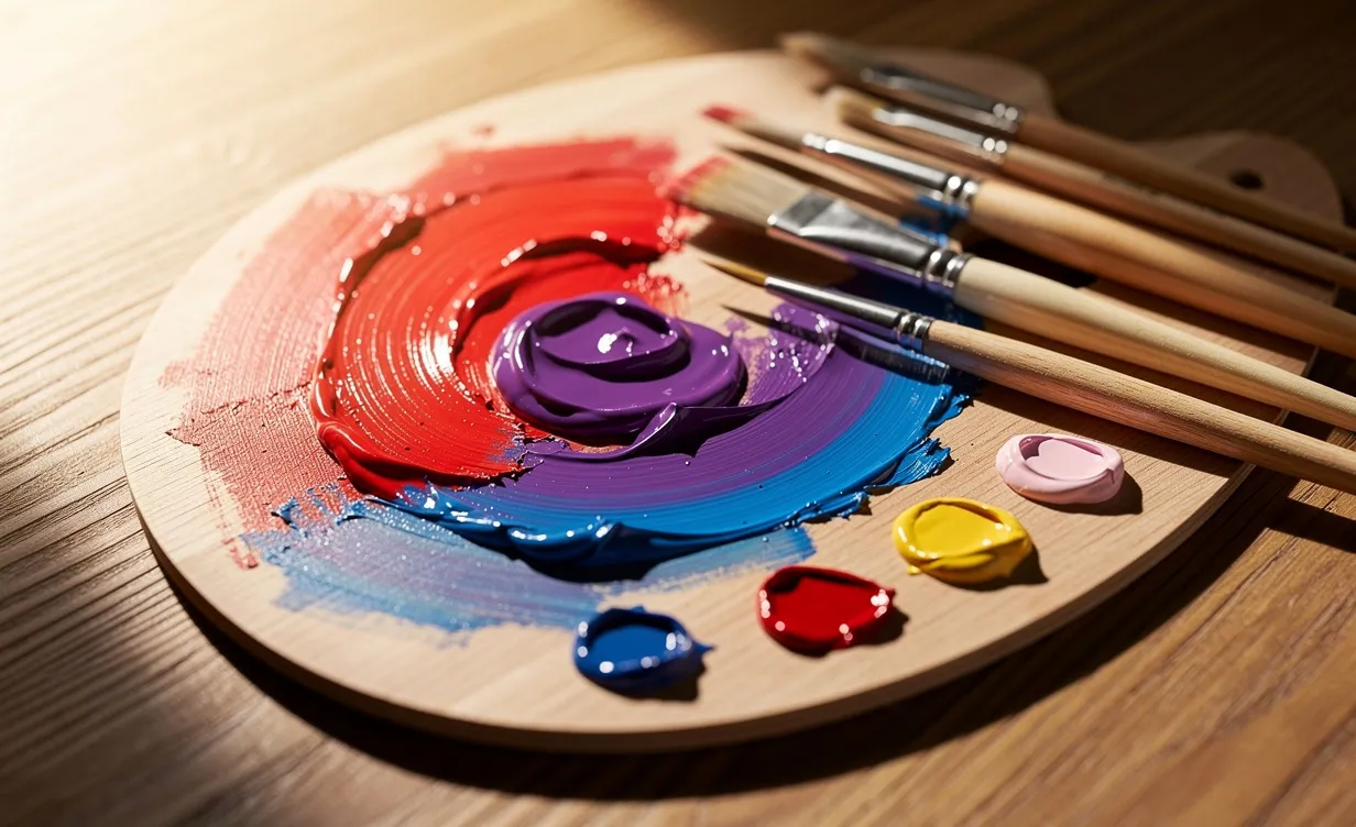 Palette d’artiste avec des touches de rouge, de bleu et de violet frais, posée sur une table en bois éclairée par la lumière du jour, entourée de pinceaux et de couleurs pures.