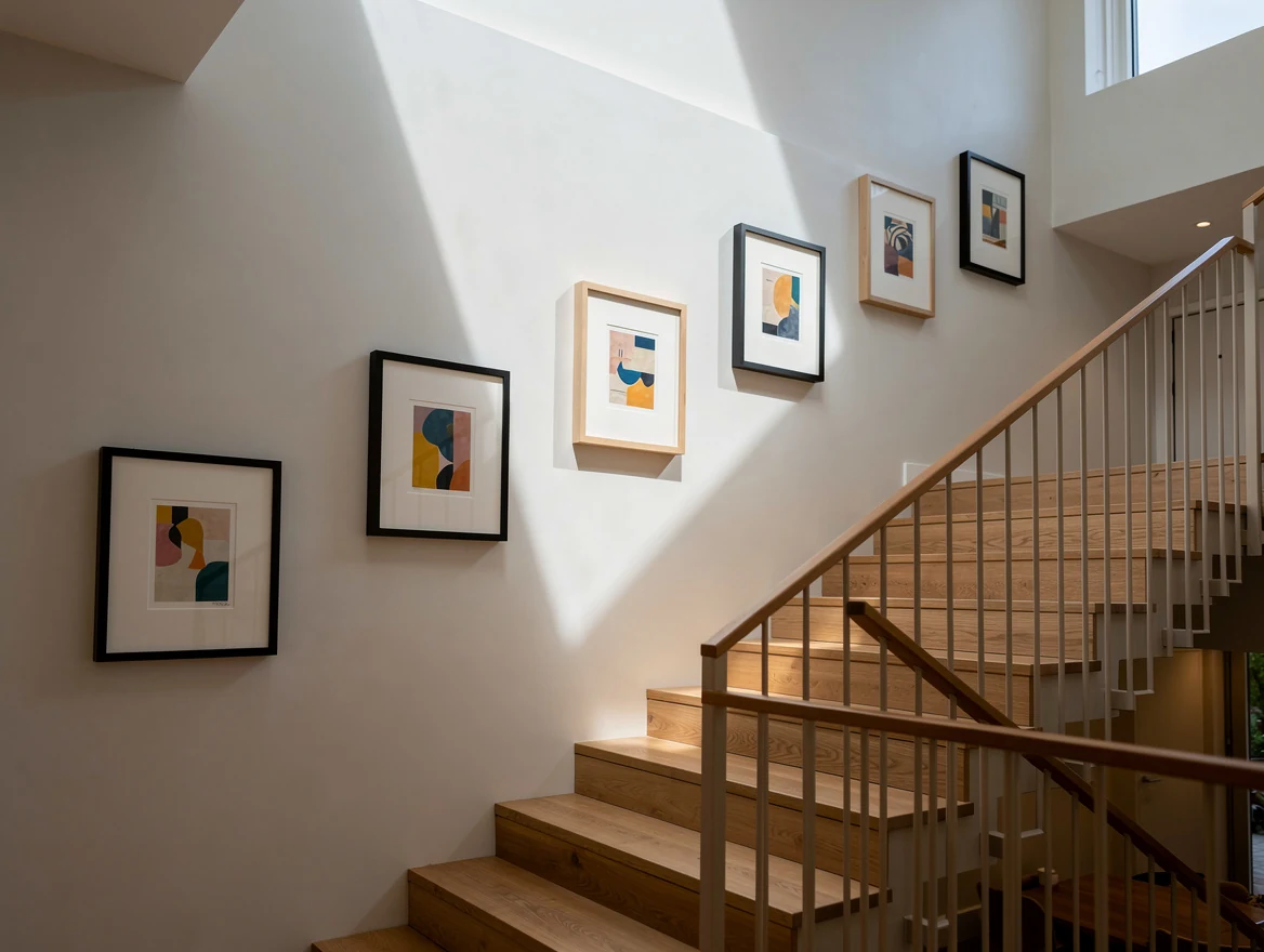 Mur de cage d'escalier avec des cadres alignes sur la diagonale, chacun a hauteur d'oeil depuis sa marche