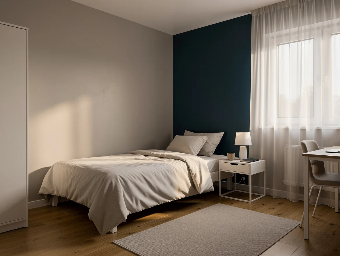 Chambre d'adolescent avec trois murs peints en greige et un mur d'accent bleu petrole derriere le lit