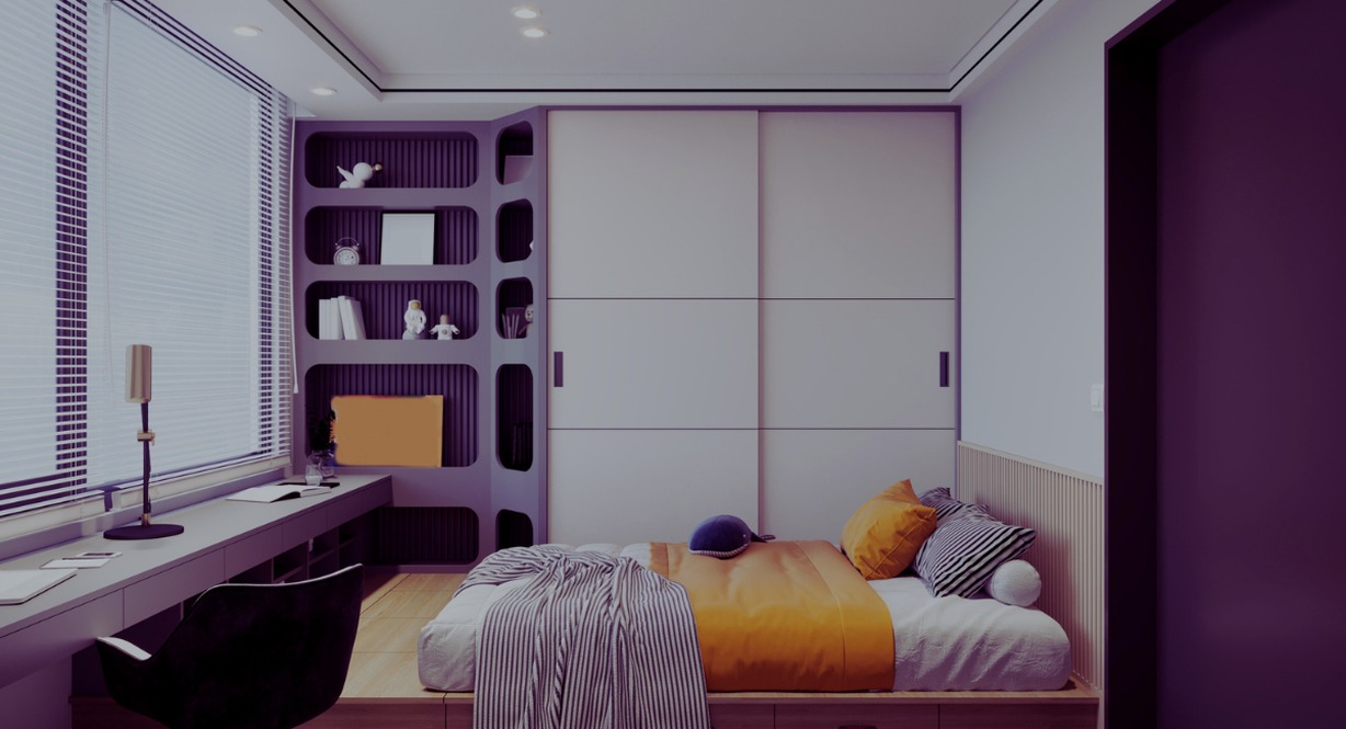 Chambre d'adolescent avec rangements intégrés, bureau et coins colorés