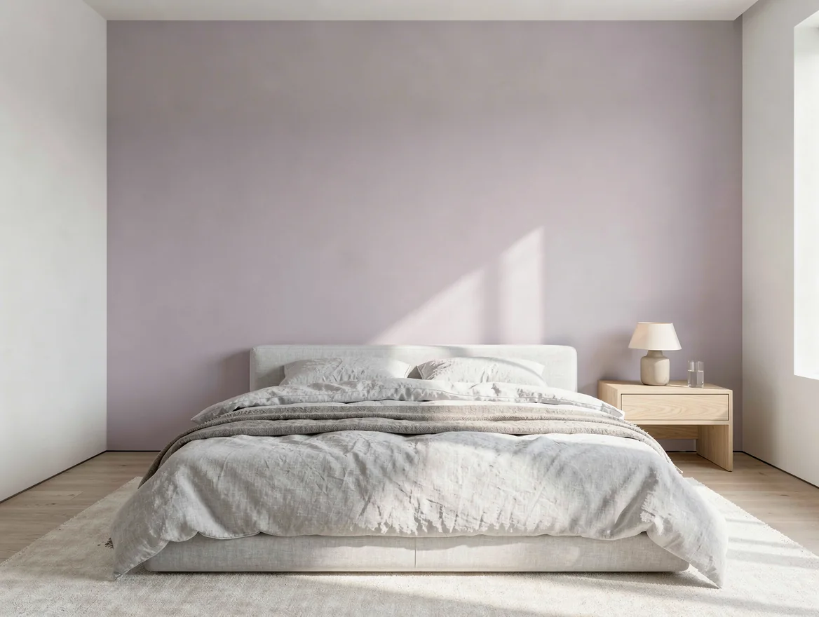 Chambre apaisante avec un mur d'accent parme, murs blancs, linge de lit gris clair et chevet en chene