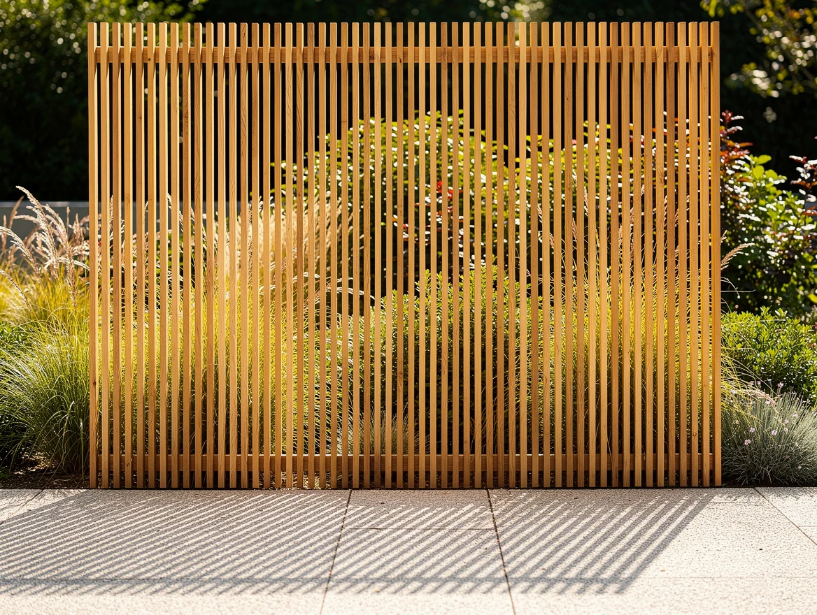 Claustra de jardin en lames de bois verticales fines espacees, projetant des ombres rayees sur la terrasse