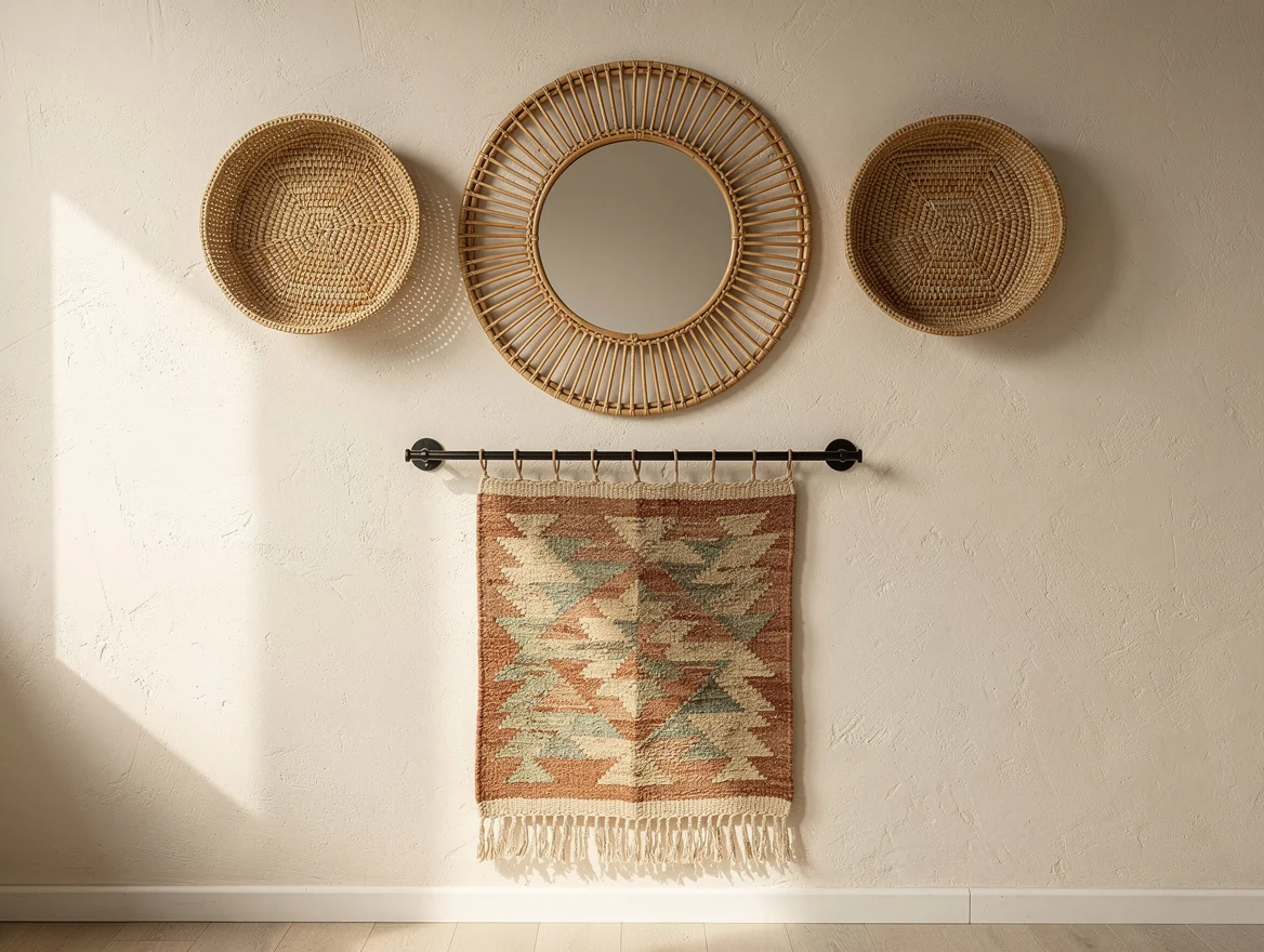 Composition murale boheme avec miroir rond en rotin, deux paniers tresses et un kilim suspendu a une tringle