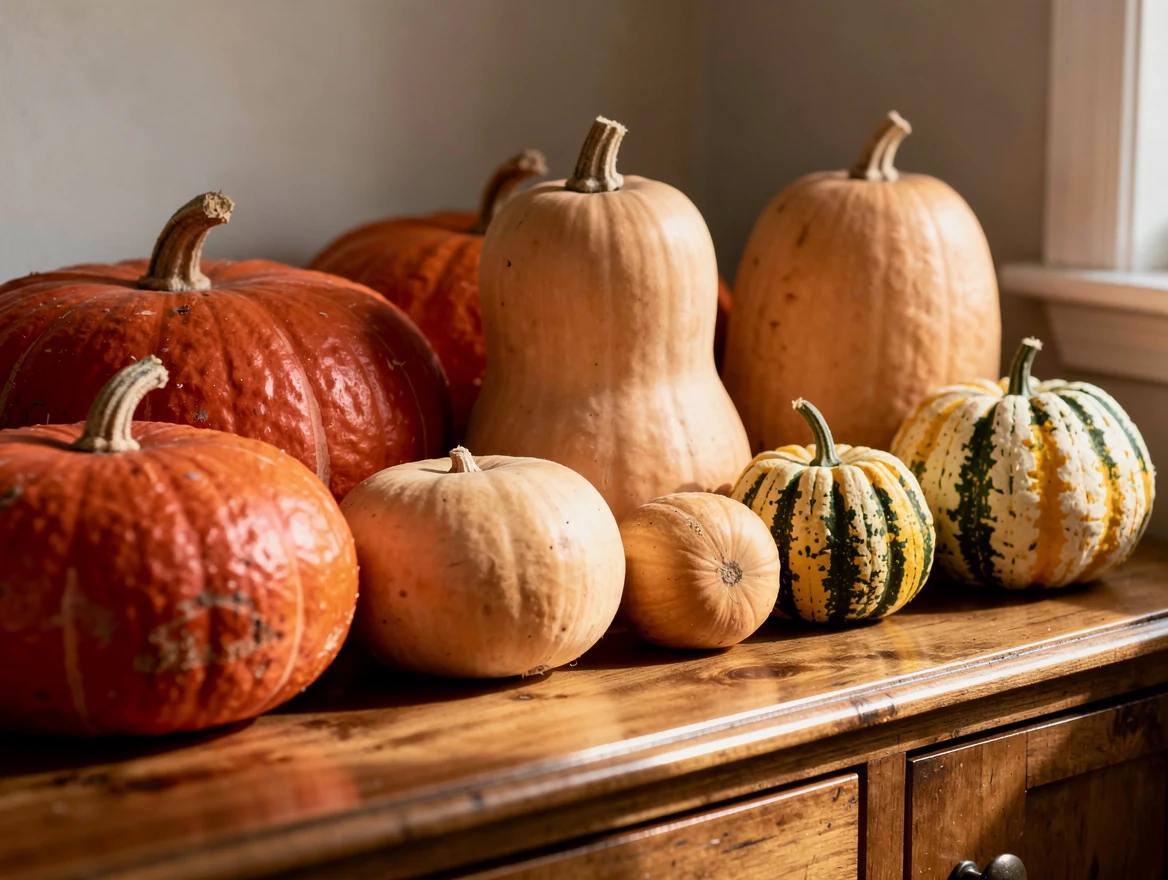 Potimarrons, butternuts et coloquintes entiers groupes par teintes sur un buffet en bois