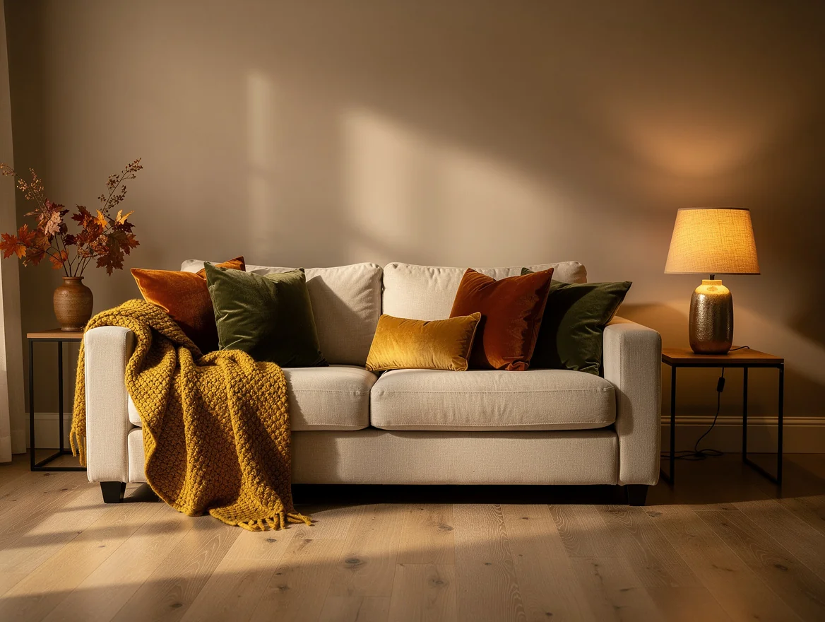 Salon neutre avec plaid en laine moutarde, coussins terracotta et vert mousse et lumiere de lampe chaude