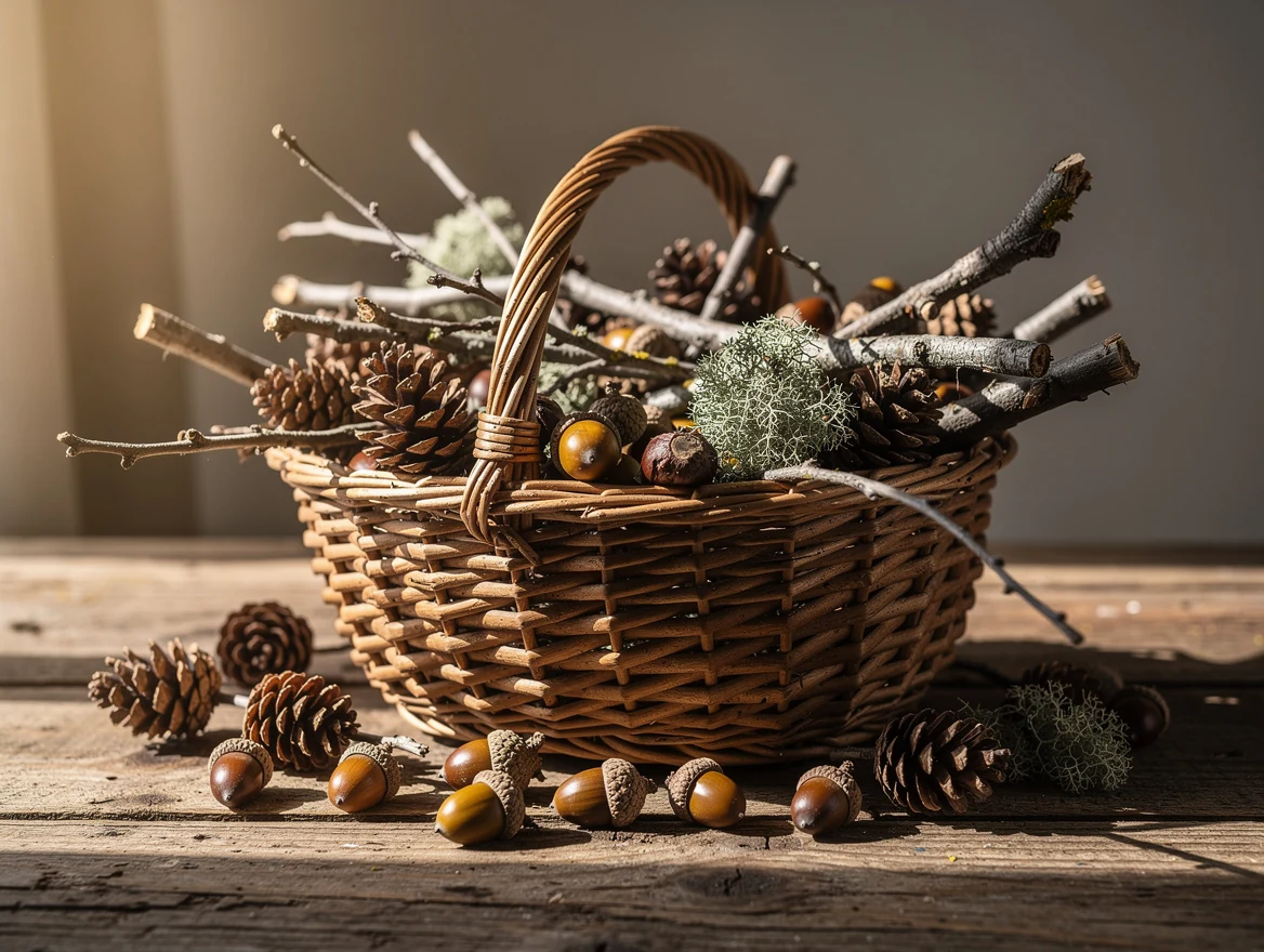 Panier en osier rempli de branches seches, pommes de pin, glands et lichen ramasses en foret