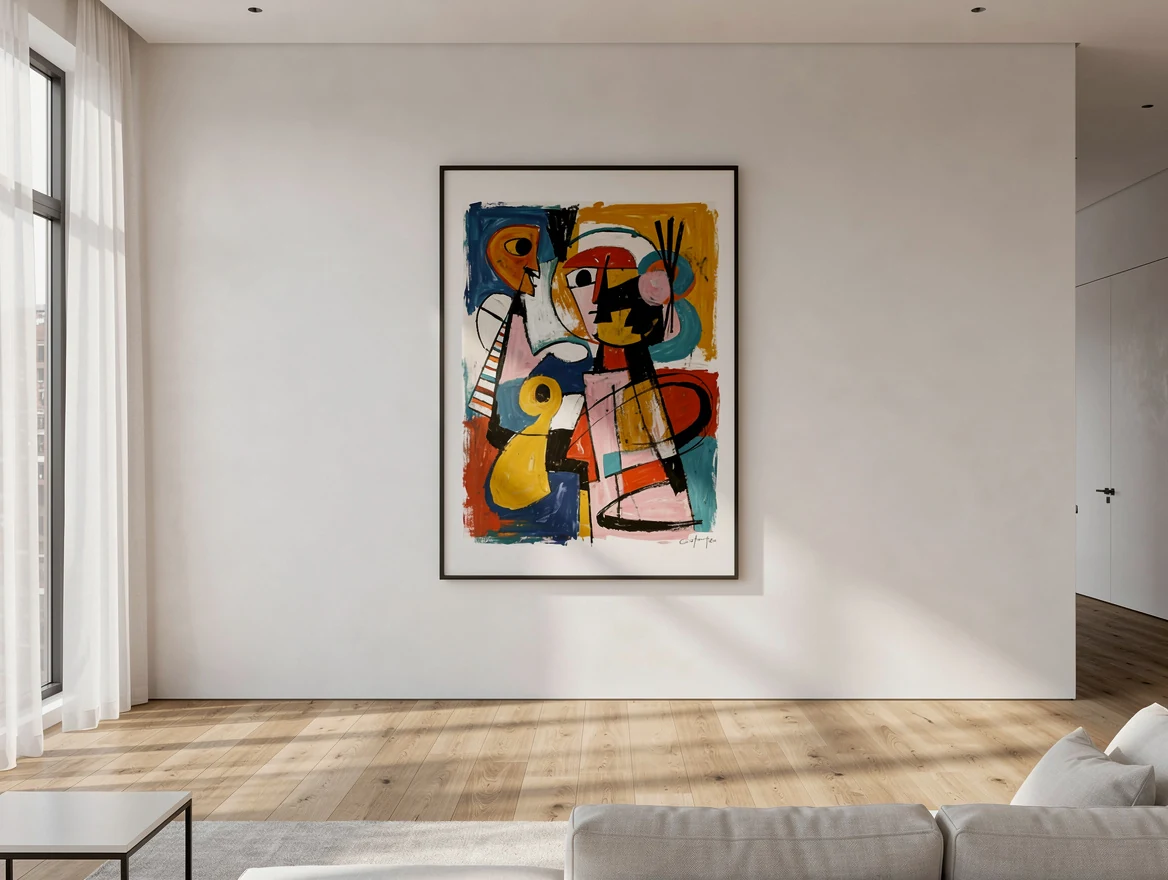 Mur de salon de quatre metres avec une unique oeuvre encadree surdimensionnee au centre