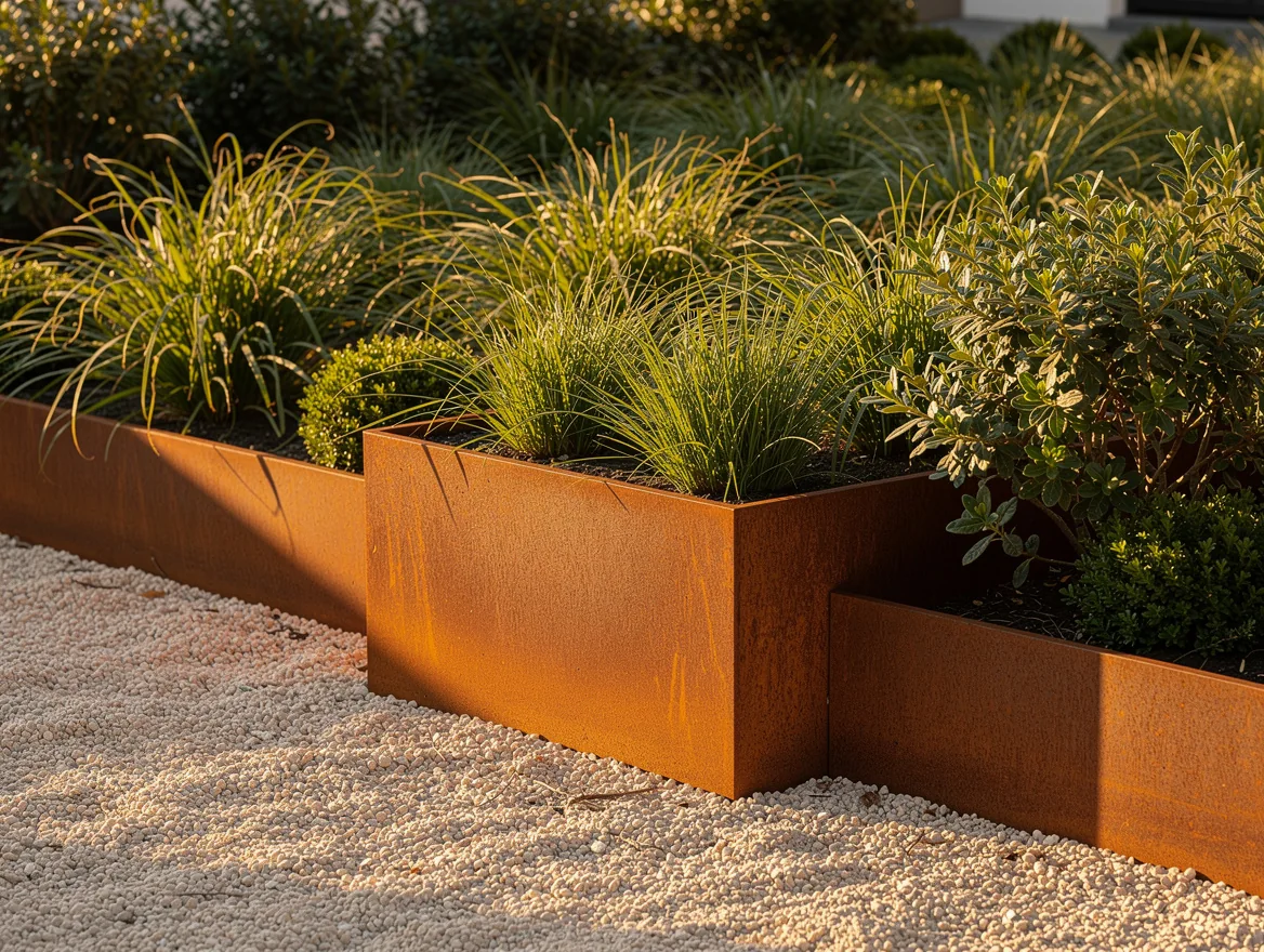 Bordure et bac de jardin en acier corten a la rouille orangee, graminees vertes et gravier clair
