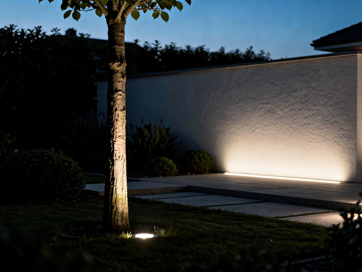 Jardin moderne au crepuscule eclaire par un encastre au pied d'un arbre et un bandeau lechant un mur