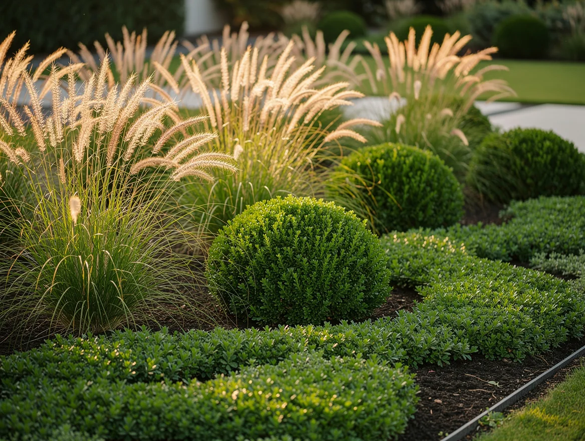 Massif de jardin moderne ou graminees legeres, arbustes boules et couvre-sol se repetent en masses