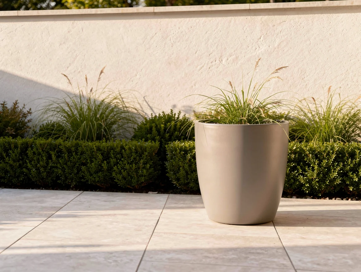 Grand pot cylindrique unique de 80 cm pose seul sur une terrasse devant un massif de graminees