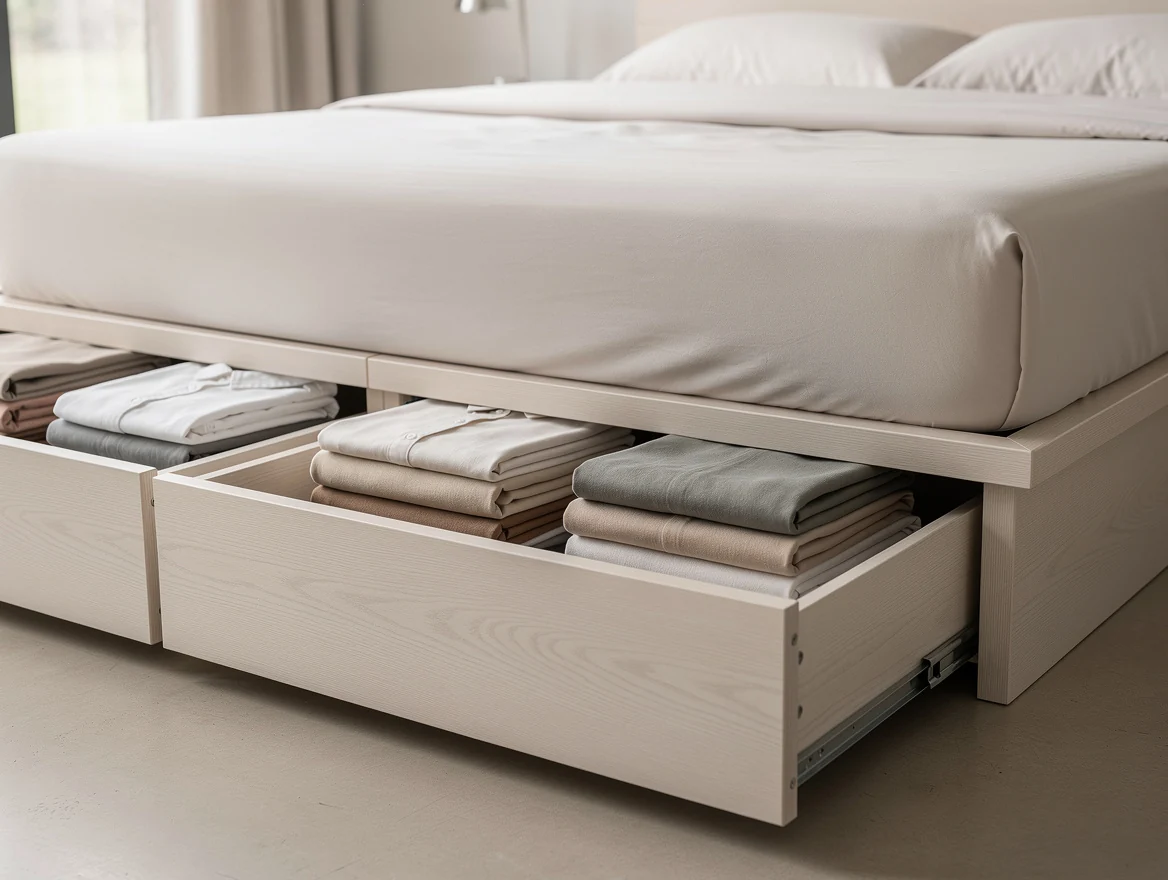 Lit avec deux larges tiroirs de rangement ouverts sous le sommier, vetements plies a l'interieur