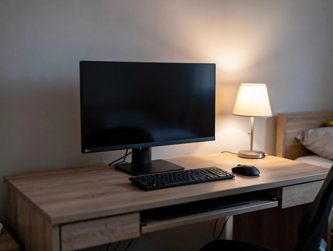 Poste informatique compact sur un bureau en bois clair, cables ranges sous le plateau, sans neons