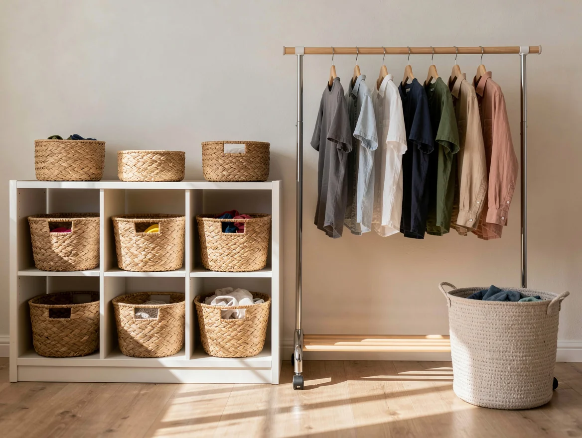 Paniers en fibres sur etageres basses, penderie ouverte avec chemises et panier a linge dans une chambre