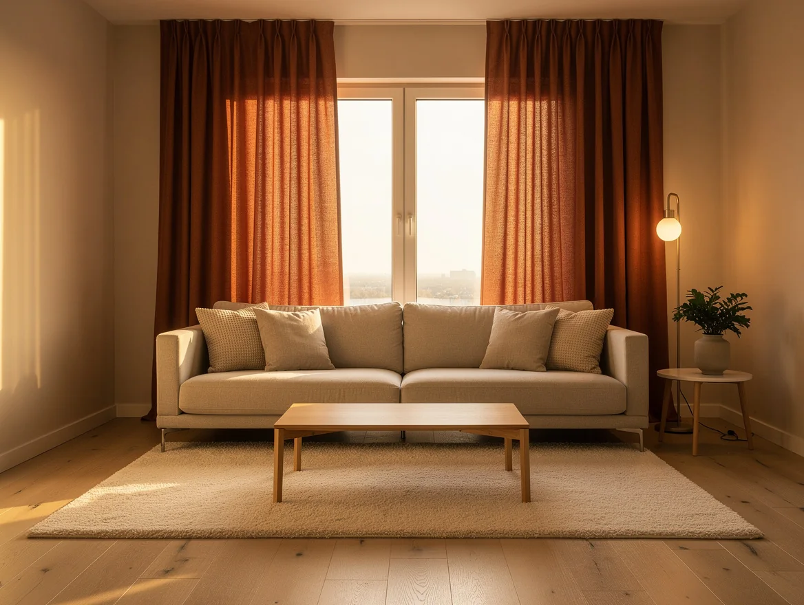 Salon beige avec rideaux terracotta du sol au plafond encadrant la fenetre et canape sable