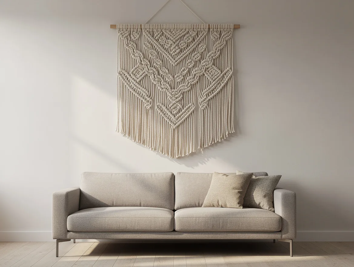 Grande tenture en macrame ecru accrochee seule au-dessus d'un canape sur un mur blanc casse