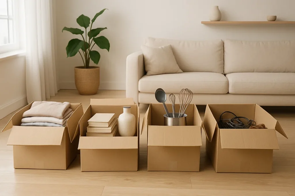 Quatre cartons ouverts alignés sur un parquet clair pour trier vêtements, livres et objets du quotidien